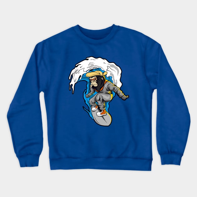 Monkey surfer waves Crewneck Sweatshirt by Mako Design 